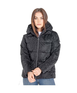 Waterproof and breathable twill fabric - Ared 8000. Water repellent finish. High warmth padding. Tapeds seams. Ski features including ski pass pocket and detachable snowskirt with gel grip. Detachable hood with adjuster and removable faux fur trim. Velvet touch inner collar. Metal luxe badge and zip pullers embellished with Swarovski embellishment. 2 way metal effect centre front zip with inner zip guard. High volume grown on hood with fold back snap fastenings. 2x lower pockets with metal effect zips. Tonal shine printed lining.