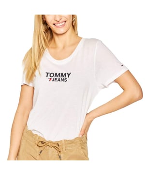 T-Shirt Tommy Jeans Corp Herzlogo Damen Weiß Baumwolle. Authentisches Kleidungsstück der Marke Tommy Jeans - Streetwear/Sportswear-Design von Tommy Jeans - Tommy Jeans für Damen, modisch, perfekt für den Alltag - Das weiße T-Shirt von Tommy Jeans lässt sich ideal mit dem Rest Ihrer Garderobe kombinieren - komfortable Baumwollmaterial - klassisch - Corp Herzlogo -