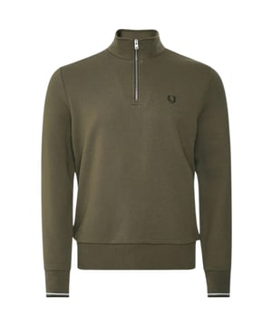 Fred Perry Green Sweatshirt, 79% Cotton, 21% Polyester, Waist and Sleeve Endings, Half Zip Closure, Logo On Chest, Twin Tipped Sleeves. Dark Green Sweatshirt, Green Sweatshirt