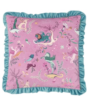 The Athena cushion is inspired by Greek mythology, featuring vibrant prints of mythological creatures on luxurious velvet. The soft tranquil tones and pops of colour, create a dreamy, imaginative feel. A velvet ruffled frill trim and a contrasting reverse add a touch of elegance, making this cushion a stylish addition to any space. Pair with the matching bedding for the complete look.