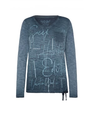 Dit shirt met lange mouwen voor dames kan op verschillende manieren worden gecombineerd en is een must-have basic voor je garderobe. Het heeft een losse pasvorm en is gemaakt van hoogwaardig materiaal. Het shirt heeft een V-hals met geribde boorden. De zoom heeft een trekkoord, waardoor de wijdte comfortabel kan worden aangepast. De vlamgarentextuur zorgt voor een geweldig kleureffect. De grote print op de voorkant is geaccentueerd met glitterelementen en geeft het shirt een geweldige visuele highlight. Een klein borstzakje rondt het ontwerp af.