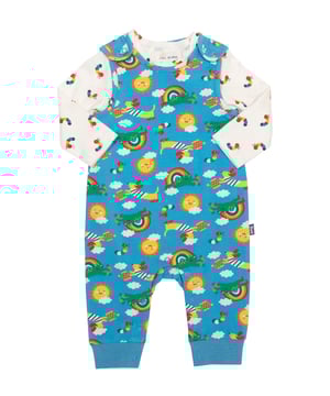 Dungarees: 95% organic cotton 5% elastane Bodysuit: 100% organic cotton | Proud to be certified to the Global Organic Textile Standard (GOTS) | Planet pals all-over print dungarees | Cream rainbow caterpillar bodysuit | Single jersey with a little bit of stretch (180-190 gsm) dungarees and interlock (200-210 gsm) bodysuit | Two-piece set | Dungarees: Popper crotch and shoulder opening and ribbed cuffs | Bodysuit: Envelope neck and long sleeves | Made in Turkey | Machine washable at 40 degrees, or at 30 degrees to be kinder to the planet