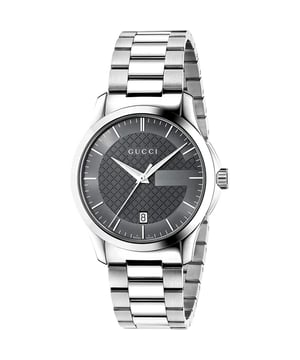 Elegant statement-horloge, dit Gucci Timeless herenhorloge heeft een roestvrijstalen band met grijze wijzerplaat, de kast is sierlijk 38 mm breed en alle items worden geleverd met een officiële Gucci-doos.
