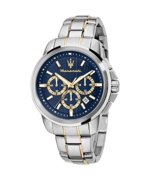 Stijlvol heren horloge van het merk Maserati. Het horloge heeft een polsbandje dat ook kleiner gemaakt kan worden, de kast heeft een diameter van 44 mm en het uurwerk is van Quartz.  Merk: MaseratiModelnaam: Successo (44mm)Categorie: heren horlogeMaterialen: edelstaalKleur: zilver, rosegoud, blauw