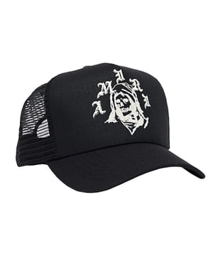 Amiri Branded Logo Black Hat. A touch of fun for your summer days, but nothing too out of the ordinary for a Amiri collectible. Headwear perfect for the summer. Reaper Trucker Hat. Amiri Cap, Black Hat. Embroidered Logo. 100% Cotton, AW22MAH012-4