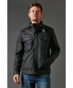 Waxed finish for a rugged, weather-resistant look
        Funnel neck design with snap closure for added protection
        Multiple front pockets for practicality and style
        Biker-inspired silhouette for an edgy appeal
        Versatile design suitable for various casual occasions
    
    This Maine waxed funnel neck biker jacket combines practicality with urban style. The waxed finish not only adds a rugged charm but also provides protection against the elements, making it perfect for unpredictable British weather. The funnel neck with snap closure offers extra warmth and a contemporary look. Style it as seen on the model with a navy jumper and relaxed-fit jeans for a classic casual ensemble. This jacket is equally at home for a weekend pub lunch or an outdoor music festival. For a smarter casual look, pair it with chinos and a crisp shirt. The multiple front pockets add functionality, allowing you to keep your essentials close at hand. Whether you're heading to a family gathering or a casual night out with mates, this versatile jacket will keep you looking effortlessly cool while braving the elements in true British style.