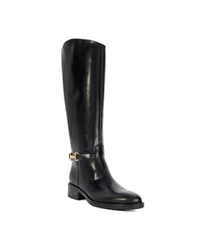 Expertly crafted from premium leather with our signature gold hardware snaffle detailing this timeless knee-high profile is a Dune London signature. Designed to an equestrian-inspired silhouette, the addition of a half zip makes them easy to pull on and off. Pair with dresses or denim for style that transcends seasons.