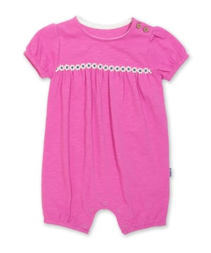 Adorable and oh so comfortable! This daisy romper is perfect for lovely little ones. Designed featuring pretty daisy lace trim detail in a crocus pink slub fabric to keep your little one cool in the summer sun.