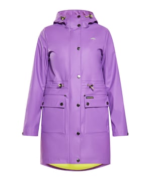 Werten Sie Ihre Outdoor-Garderobe mit diesem stilvollen Regenmantel auf, der auf Funktionalität ausgelegt ist. Diese Parka-Jacke verfügt über eine Kapuze mit Kordelzug, einen Reißverschluss vorne und Druckknöpfe für einfaches Tragen. Mit Pattentaschen und verschweißten Nähten für wasserdichten Schutz bietet es eine normale Passform. Der verstellbare Kordelzug in der Taille und der Stehkragen erhöhen den Komfort und halten Sie bei jedem Wetter trocken.  Regenmantel