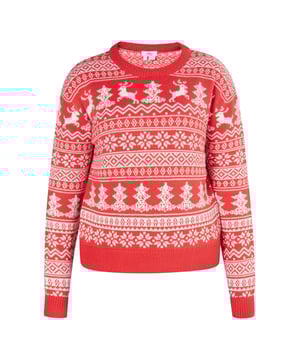 Met de statement trui van myMo breng je de kerstsfeer in je garderobe. De feestelijke motieven, bestaande uit kerstbomen, rendieren en sneeuwvlokken, creëren het magische decor. Het materiaal: een zacht, verwarmend garen met vormvaste geribbelde manchetten. Net zo perfect bij denim en laarzen als bij punch en glühwein.  Jumper
