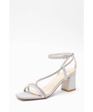 - Shimmer finish - Diamante embellishment - Asymmetric strap - Buckle fasten - Block heel - Heel height: 7cm / 2.8" approx
