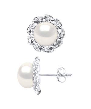 Earrings Real Cultured Freshwater Pearls Button 8-9 mm - COLOR NATURAL WHITE - Design Flower Cubic Zirconia - Butterfly Clasp Silver 925 - Delivered with Certificate of Authenticity and International Guarantee - MADE IN FRANCE *A Pair of Butterfly Clasp SILICONE will be offered to you for free on this purchase