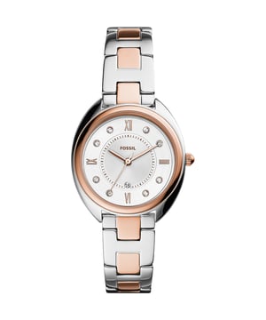 This Fossil Gabby Analogue Watch for Women is the perfect timepiece to wear or to gift. It's Silver 34 mm Round case combined with the comfortable Multicolour Stainless steel watch band will ensure you enjoy this stunning timepiece without any compromise. Operated by a high quality Quartz movement and water resistant to 5 bars, your watch will keep ticking. This fashionable and classic watch matches any outfit at any occasion,it adds style to your life -The watch has a Calendar function: Date High quality 19 cm length and 15 mm width Multicolour Stainless steel strap with a Fold over with push button clasp Case diameter: 34 mm,case thickness: 8 mm, case colour: Silver and dial colour: Silver
