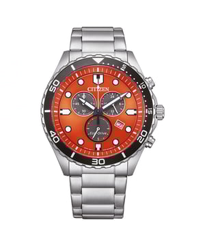 This Citizen Of Sporty Aqua Chronograph Watch for Men is the perfect timepiece to wear or to gift. It's Silver 43 mm Round case combined with the comfortable Silver Stainless steel watch band will ensure you enjoy this stunning timepiece without any compromise. Operated by a high quality Eco-Drive movement and water resistant to 10 bars, your watch will keep ticking. This Eco-Drive watches recharges itself in any kind of light, to run forever. This Eco-Drive watch does not require any battery replacement, charging or winding to maintain constant operation This Chronograph watch has a calendar function: Date , Solar Powered , Stop Watch , 24-hour Display , Luminous Hands and Luminous Numbers High quality 21 cm length and 21 mm width Silver Stainless steel strap with a Fold over with push button clasp Case diameter: 43 mm,case thickness: 11 mm, case colour: Silver and dial colour: Orange