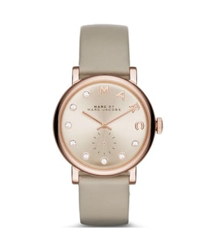 Shop the stylish Marc Jacobs MBM1400 Women's Watch featuring a rose gold stainless steel case and a grey leather band with quartz movement - perfect for everyday wear.