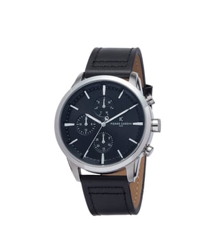 This sporty and clasical watch is perfect for every occasion! -The watch has a calendar function: Day-Date, Luminous Hands, 24-hour Display. High quality 21 cm length and 22 mm width. Black Leather strap with a Buckle. Case diameter: 45 mm, case thickness: 11 mm, case colour: Silver and dial colour: Black Water resistant: 3 bars -Weight: 75 g The watch is delivered in an original gift box and has a warranty of 2 years