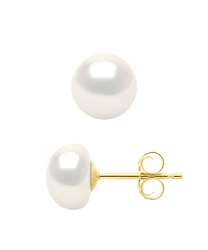 Earrings Real Cultured Freshwater Pearls Button 7-8 mm - COLOR NATURAL WHITE- Butterfly Clasp Yellow Gold 375 - Delivered with Certificate of Authenticity and International Guarantee - MADE IN FRANCE *A Pair of Butterfly Clasp SILICONE will be offered to you for free on this purchase