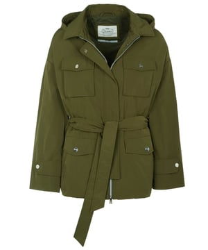 100% poliéster; chaqueta Herno;  Modelo: GI0129D12372 7740;  Mano de obra de alta calidad;  Capucha desmontable con cordón;  cuello Kent;  Cremallera bidireccional oculta con tapeta con botones a presión;  Dos bolsillos con solapa y botones automáticos en la zona del pecho, dos bolsillos con solapa y botones automáticos en la parte delantera, dos bolsillos laterales ribeteados;  correas en los puños con cierres a presión;  cinturón de corbata;  Detalles del logotipo de Herno.