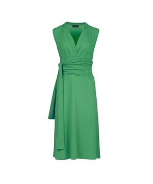 Summer dress in solid colour stretch jersey fabric. Sleeveless with a deep V neckline with pleats on the left and right. Seam detail under the bust with pleats underneath. Belt in the same fabric fastened at the sides. Empire line with an A line silhouette. Knee length. Our model is 172cm and is wearing size 36/S. Measurements for size 36 (in cm): Shoulder -35; Chest-38; Waist-38; Bottom-47;Body length-101. 92%VISCOSE-8%ELASTANE