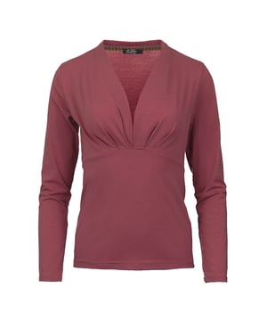 Jersey-Top aus Viskose-Elastan-Gewebe. Lange Ärmel mit einer faux wrap Front, die einen tiefen V-Ausschnitt bildet. Naht unterhalb der Büste. Länge, für Größe 36/S - 62cm.