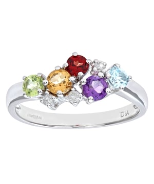 Oro amarillo de 18 quilates (750): 4,9 g; # Diamante: 0,06 ct; # Amatista, peridoto, topacio azul, citrino y granate: 0,7 quilates