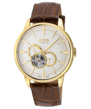 Reloj automático suizo Gevril 9613 para hombre en color morera  
Caja de acero inoxidable 316L IPYG de 42 mm con esfera blanca texturizada en relieve  
Esfera frontal esqueletizada a las 7, subesfera a las 2, segundero a las 4, subesfera de 24 horas a las 9  
Corona de empuje/tirón  
Fondo de caja de zafiro exhibición atornillado  
Correa de cuero italiano azul hecho a mano con hebilla tangente  
Cristal de zafiro doble curvado anti-reflejante  
Resistente al agua hasta 50 metros/5 ATM  
Movimiento automático suizo