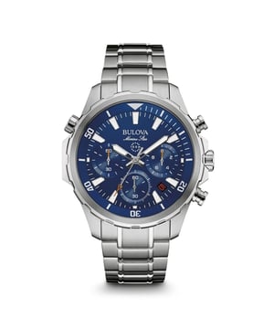 This Bulova Marine Star Chronograph Watch for Men is the perfect timepiece to wear or to gift. It's Silver 44 mm Round case combined with the comfortable Silver Stainless steel watch band will ensure you enjoy this stunning timepiece without any compromise. Operated by a high quality Quartz movement and water resistant to 10 bars, your watch will keep ticking. This high quality sporty and fashionable watch gives you a unique feeling in every outfit! -The watch has a calendar function: Date, Stop Watch, Luminous Hands, Luminous Numbers High quality 21 cm length, 20 mm wide Silver Stainless steel strap with a Fold over with push button clasp Case diameter: 44 mm, Case height: 12 mm and Case color: Silver/Dial color: Blue