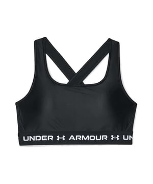 The Under Armour Crossback Mid Matte Shine Womens Sports Bra is a styled out design that will turn heads as you work out.   This bra is made to deliver strategic support for medium impact activities such as cycling, weight training and boxing. The soft, quick-drying cups provide extra structure & coverage with perforations for added breathability. Removable cups have helpful R & L arrows to easily put back in. Crossover straps with updated keyhole detail for easier on/off access. Updated interior construction helps keep pads in place. Elastic band feels super-smooth & soft. Super-smooth, double-layer HeatGear fabric delivers superior next-to-skin feel. The Material wicks sweat & dries really fast to help keep you cool when working out.