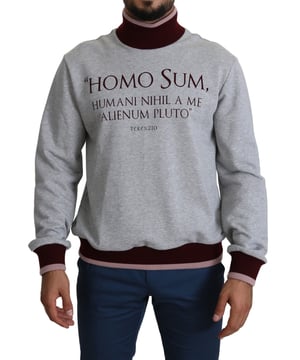 Brand: Dolce & Gabbana
  Color: Gray
  Style: Turtleneck pullover
  Design: Latin phrase print
  Logo details
  Made in Italy
  Material: 80% Cotton 20% Polyester
  100% Authentic
  Brand new with tags
Material: 80% Cotton 20% Polyester