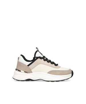 This Carvela Swift Runner trainer features a beige upper with snake embossed panels and a metallic eye stay. The front laces up with branded tab at the tongue.