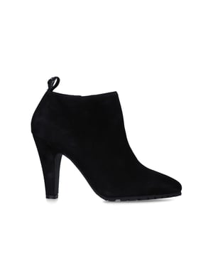 The Shoreditch Bootie feature a black suede upper. A black Eagle head with opaque black crystals sits on the pull tab at the ankle. Heel height: 10cm.