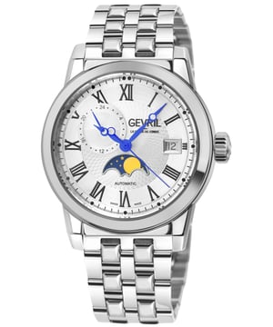 Gevril Madison Swiss Automatic - Fase lunar
Como un traje elegante o un suave whisky, la colección Madison de Gevril demuestra que la sencillez y la sofisticación siempre triunfan. Al igual que la Avenida Madison en sí misma, el lujo prevalece en la elegante caja redonda de acero inoxidable de 39 mm con una parte trasera de exhibición. Ya sea en cuero italiano o en brazalete de acero inoxidable con cierre desplegable, el hombre de Madison es audaz, autoritario y decidido. Movimiento automático suizo, cristal de zafiro antirreflectante. Su construcción precisa y resistente al agua hasta 50 metros lo hace perfecto para el hombre de negocios real de los Mad Men. La colección Madison exige atención.