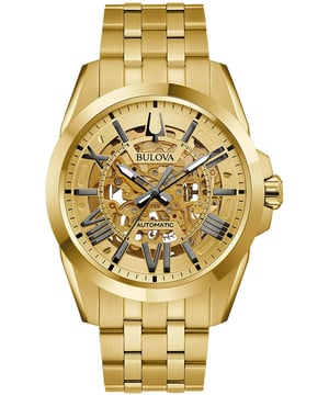 This Bulova Sutton Automatic Analogue Watch for Men is the perfect timepiece to wear or to gift. It's Gold 43 mm Round case combined with the comfortable Gold Stainless steel watch band will ensure you enjoy this stunning timepiece without any compromise. Operated by a high quality Automatic movement and water resistant to 10 bars, your watch will keep ticking. This watch has an automatic watch movement ( recharged by any movement with your wrist; never needs a battery) -The watch has a function: Luminous Hands High quality 21 cm length and 21 mm width Gold Stainless steel strap with a Deployment clasp Case diameter: 43 mm,case thickness: 12 mm, case colour: Gold and dial colour: Gold