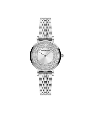Damenuhr von Emporio Armani.
  Rundes 32-mm-Edelstahlgehause mit glanzendem Silber-Finish.
  Transparentes Glas.
  Silbernes Zifferblatt mit Sonnenschliff und Glasern.
  Silbernes Stahlarmband mit glanzendem Finish und Faltverschluss.
  Wasserdichtigkeit von.