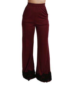 Brand: Dolce & Gabbana
  100% Authentic
  Model: High Waist Wide Leg Pants
  Fit: Regular
  Material: 98% Viscose 2% Polyester stretch
  Color: Maroon with black Lace detailing
  Elastic waist
  Logo details
  Made in Italy
Material: 98% Viscose 2% Polyester stretch