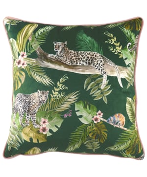 Add a touch of the rainforest into your interior with this ultra-luxe velvet feel fabric cushion. With a hand painted design of Leopards resting in the tree's - this design will sure make a statement in any contemporary or modern home.