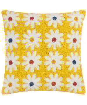 Add some fun flower power to your home with this amazing loop tufted cotton Daisy cushion. Featuring cute white daisies with different coloured centres and set on a vibrant yellow background, this bold design creates a fun, friendly and retro fashion piece. Finished with a plain polycotton canvas reverse, knife edged trim and zip fastening. A great way to create your own style in a new living space.  Size: 45 x 45cm