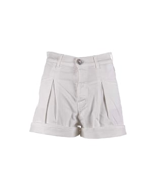 Color: Mantequilla 707 Especificaciones: Pantalones cortos holgados confeccionados con denim de algodón elástico teñido en prenda. Presenta pliegues delanteros y cierre de botones, el primero de ellos visible y adornado con diamantes y perlas. Ajuste: Regular