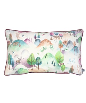 Bring a playful touch to your home, with the Woodland Walk cushion. An artistic, watercolour design of woodland animals amongst the misty mountains. Finished off with a soft velvet reverse, to make it the perfect finishing touch to any room in your home.