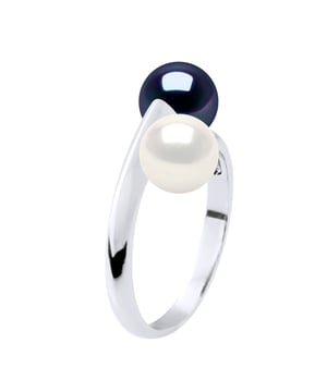 Ring You & Me – 2 echte Süßwasser-Zuchtperlen rund 6–7 mm – Qualität AA – FARBE NATÜRLICHES WEISS + SCHWARZES TAHITI – Silber 925 rhodiniert – verstellbar von Größe 48 bis 62 (FR) – Lieferung in Schatulle und mit Echtheitszertifikat und internationale Garantie – HERGESTELLT IN FRANKREICH