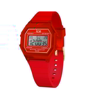 This Ice Watch Ice Digit Retro - Red Passion - Clear Digital Watch for Child is the perfect timepiece to wear or to gift. It's Red  Rectangular case combined with the comfortable Red Silicone watch band will ensure you enjoy this stunning timepiece without any compromise. Operated by a high quality Quartz movement and water resistant to 3 bars, your watch will keep ticking. Stand out from the crowd with the ICE digit retro Red passion. Bold and colorful, this watch sets you apart with its bright red transparent dial and matching soft silicone strap. This Digital watch has a calendar function: Day-Date , Stop Watch , Dual Time , Alarm and Light High quality 19 cm length and 18 mm width Red Silicone strap with a Buckle Case measurement: 32 X 34 mm,case thickness: 8 mm, case colour: Red and dial colour: Red