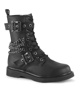 These Demonia Bolt 250 black combat boots are sure to make a statement wherever you go. With black vegan leather uppers, these mid-calf combat boots come with stylish gothic metallic accents across the boot, with metal chains around the shaft and 2 large metal buckles. An additional full-length inside metallic zip and 10 eyelets make it easy to get these boots fitting perfectly and the gum rubber 1.25" thick sole is sturdy and durable for all-day comfort in your Demonias. Don't follow the trend, make your own with these Demonia Bolt 250 black mid-calf boots