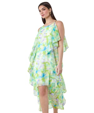 Abstract Chiffon Ruffle Detail Midi Dress from Roman. Elevate your Summer wardrobe with this striking ruffle detail midi dress from the Ariella range. Featuring a elegant, cascading waterfall frill detail, this dress has a striking hi-low silhouette to add a touch of drama to your occasionwear. This sleeveless dress with a concealed back zip fastening is crafted from abstract printed woven fabric and is fully lined for maximum comfort. The metal trim on the shoulder straps provides a sophisticated edge. Whether you're attending a wedding or a formal dinner, style it with strappy heels and a clutch bag for event-ready glamour!