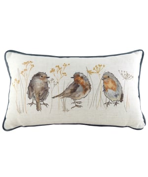 Bring a little wildlife to your interior with this super sweet hand-painted Robin design. The appealing nature of the trio of Robins on a neutral coloured background with additional contrasting piped edges makes this cushion the perfect touch to any home.