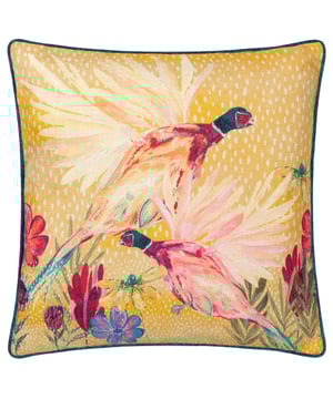 Elevate your space with the Country Wilds Pheasant Bloom Printed Cushion, a perfect harmony of elegance and playful charm. Two intricately hand-painted pheasants take flight amidst a cascade of delicate florals and artistic details. The vibrant hues and intricate patterns make this cushion an eye-catching accent, effortlessly bridging modern design with the warmth of countryside-inspired interiors. Crafted from a woven fabric with a soft, luxurious texture, it offers both comfort and sophistication. The piped edge and plain reverse provide a refined finish, making it an ideal choice for creating an inviting yet stylish atmosphere in any room.