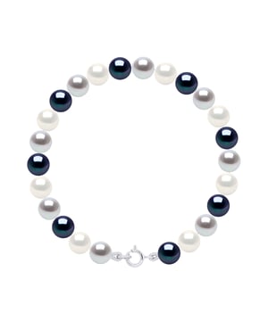 Armband aus echten Süßwasser-Zuchtperlen rund 6-7 mm – FARBE NATÜRLICH WEISS + GRAU (Perlgrau) + SCHWARZ TAHITIAN STYLE – Federringverschluss Silber 925 – Länge 18 cm – Lieferung mit Echtheitszertifikat und internationaler Garantie – HERGESTELLT IN FRANKREICH