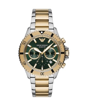 This Emporio Armani Diver Chronograph Watch for Men is the perfect timepiece to wear or to gift. It's Multicolour 43 mm Round case combined with the comfortable Multicolour Stainless steel watch band will ensure you enjoy this stunning timepiece without any compromise. Operated by a high quality Quartz movement and water resistant to 10 bars, your watch will keep ticking. Elegant and fashionable watch that is suitable for the daily life of every Men. This Chronograph watch has a calendar function: Date , Stop Watch , 24-hour Display , Luminous Hands and Luminous Numbers High quality 21 cm length and 22 mm width Multicolour Stainless steel strap with a Fold over with push button clasp Case diameter: 43 mm,case thickness: 12 mm, case colour: Multicolour and dial colour: Green
