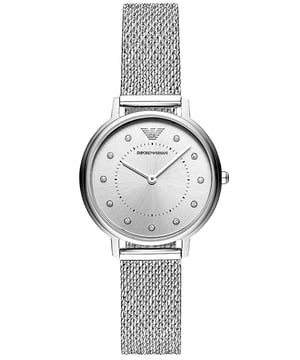 This Emporio Armani Kappa Analogue Watch for Women is the perfect timepiece to wear or to gift. It's Silver 30 mm Round case combined with the comfortable Silver Stainless steel watch band will ensure you enjoy this stunning timepiece without any compromise. Operated by a high quality Quartz movement and water resistant to 3 bars, your watch will keep ticking. This fashionable and classic watch matches any outfit at any occasion,it adds style to your life High quality 19 cm length and 14 mm width Silver Stainless steel strap with a Fold over clasp Case diameter: 30 mm,case thickness: 6 mm, case colour: Silver and dial colour: Silver