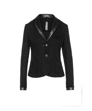 Black jacket in stretch Punto di Roma style fabric. Long sleeves with 3cm wide black faux leather cuffs. Black faux leather collar and 2cm black faux leather trim all along the lapel.  Fastens in the front with 2 decorative black plastic buttons.  2 small patch pockets in the front. Darts at the bust and vertical seams in the front and the back for the perfect fit.  Fitted silhouette. Measurements for size 38 (in cm): Bust-45; Body length-58; Waist-40; Shoulder width-42; Hemline-47; Sleeve length-52.