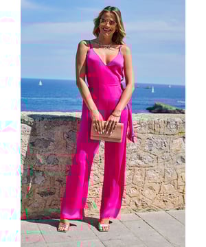 REASONS TO BUY:

All of the impact, none of the effort
Slinky satin fabric feels as good as it looks
Made-to-flatter wrap front and belted waist
Topped with sexy cami straps
Elongating wide legs
Style with a denim jacket for holiday nights

Inside leg to fit: Short 29" | Regular 31" | Long 33"